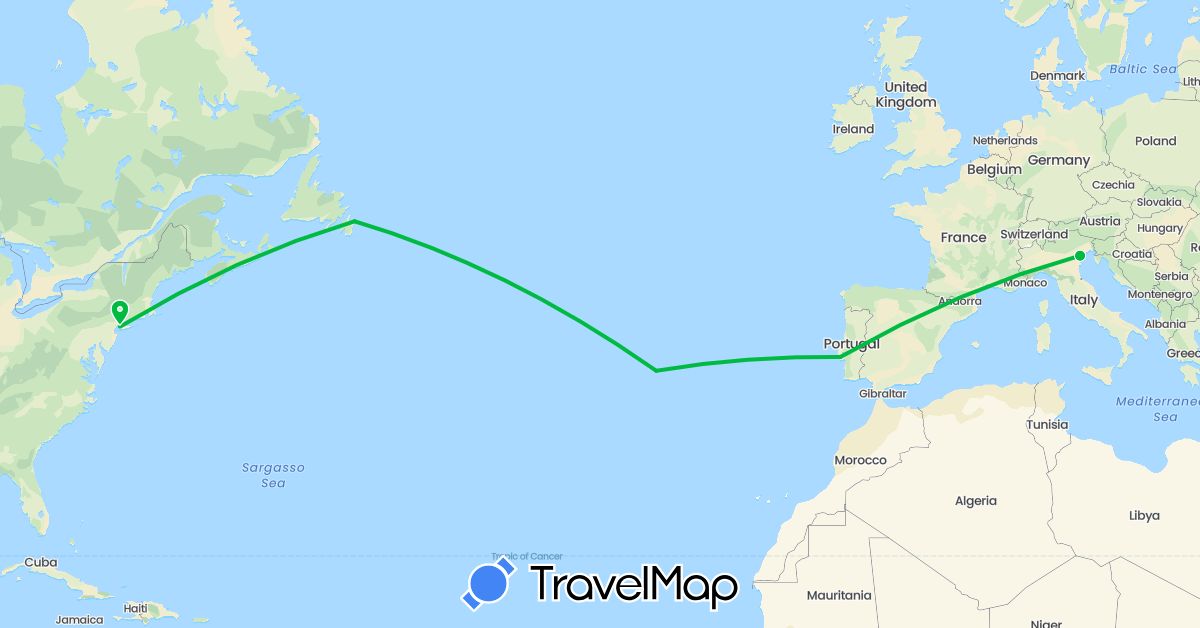 TravelMap itinerary: driving, bus in Canada, Italy, Portugal, United States (Europe, North America)