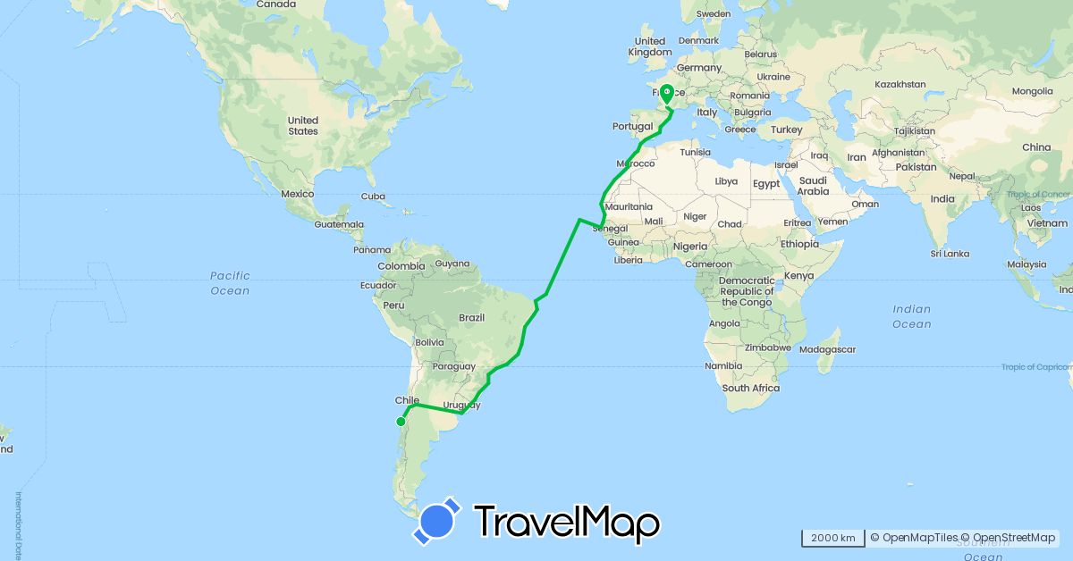 TravelMap itinerary: bus in Argentina, Brazil, Chile, Cape Verde, Spain, France, Morocco, Mauritania, Senegal, Uruguay (Africa, Europe, South America)