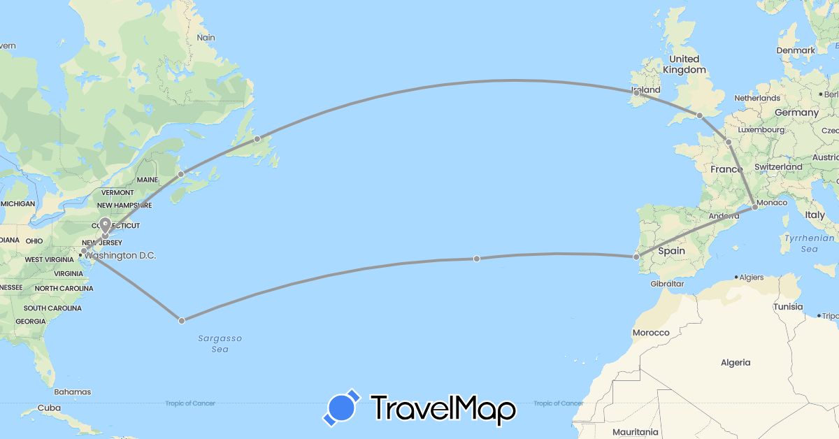 TravelMap itinerary: driving, plane in Bermuda, Canada, France, United Kingdom, Ireland, Portugal, United States (Europe, North America)